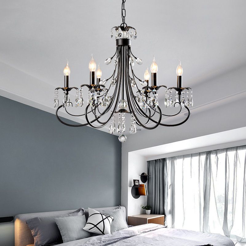Black Curving Chandelier Lamp Farmhouse Metal Living Room Crystal Pendant Lighting with Candle Design