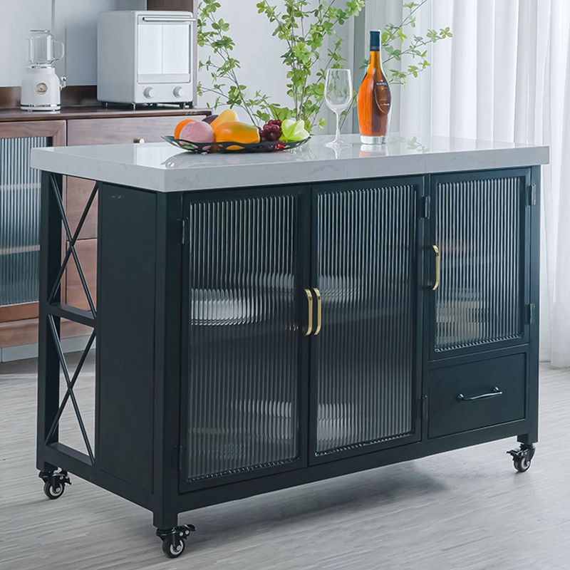 Faux Marble Rectangle Kitchen Island Cart with Glass Storage Cabinet