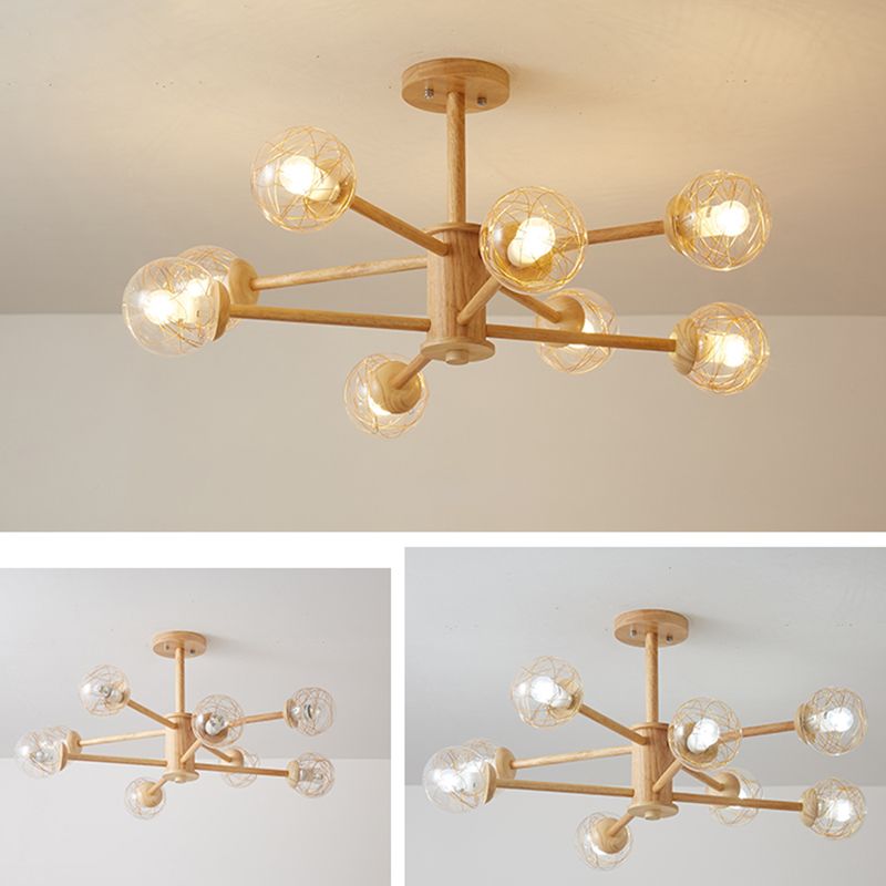 Creative Simple Style Wooden Chandelier Ceiling Hanging Light with Glass Shade
