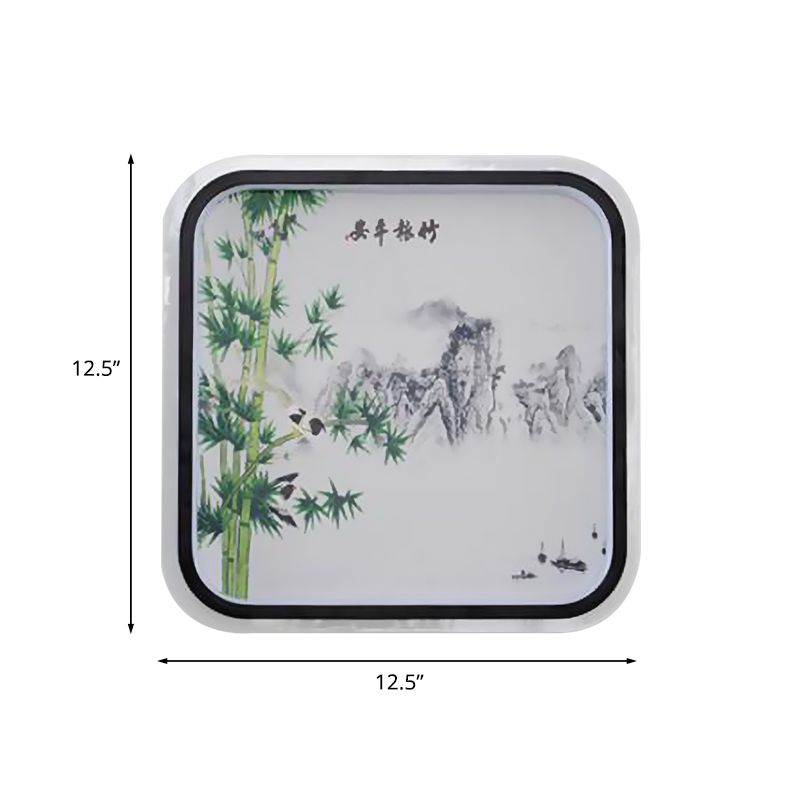 Chinese Style LED Flush Mount Black Leaf/Flower Painting Wall Mural Lighting with Fabric Shade