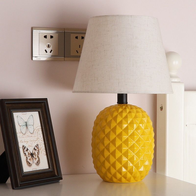 1 Bulb Living Room Table Light Modern Yellow Small Desk Lamp with Flare Fabric Shade