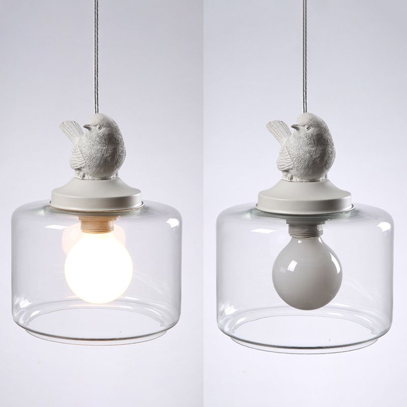 Drum Pendant Lighting Modern Clear Glass 1-Light White Hanging Light with Resin Bird Decor