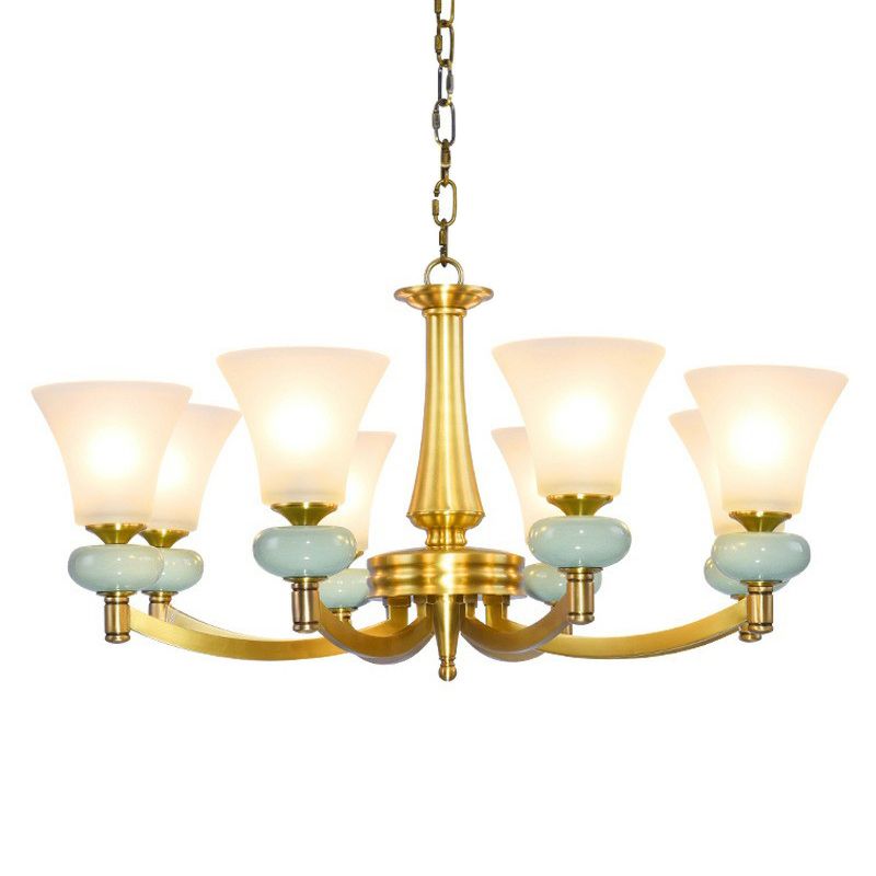 Vintage Flared Shade Chandelier Pendant Light Frosted Glass Hanging Light in Gold for Living Room