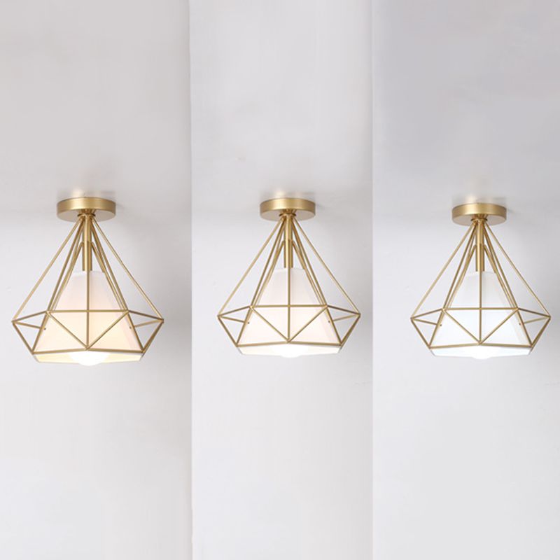 Diamond Cage Semi Flush Mount Light Fixture Industrial Iron Ceiling Mounted Fixture for Corridor