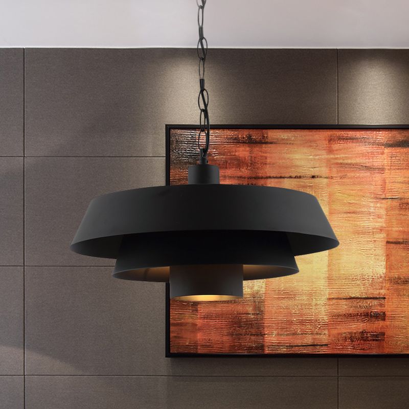 2-Layer Pan Restaurant Pendant Vintage Iron 1 Head Black Finish Ceiling Hang Fixture