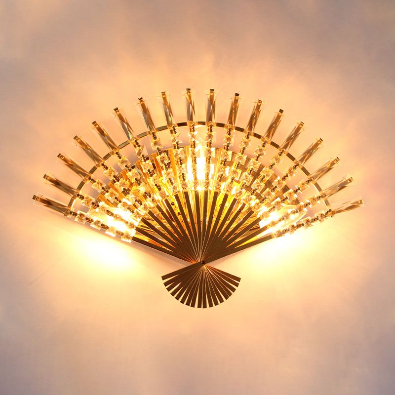 Goldene fächerförmige Wandleuchte im Vintage-Stil, 3 Lichter, Wandleuchte aus Metall mit klarer Kristallverzierung