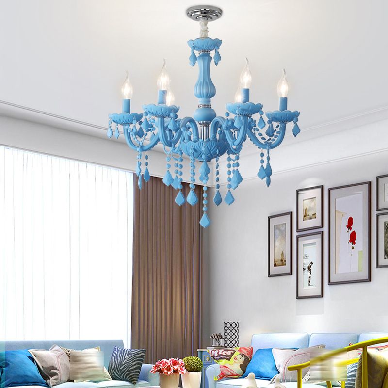 Multi Light Candle Branch Hanging Pendant Modern Style Crystal Hanging Lighting in Blue
