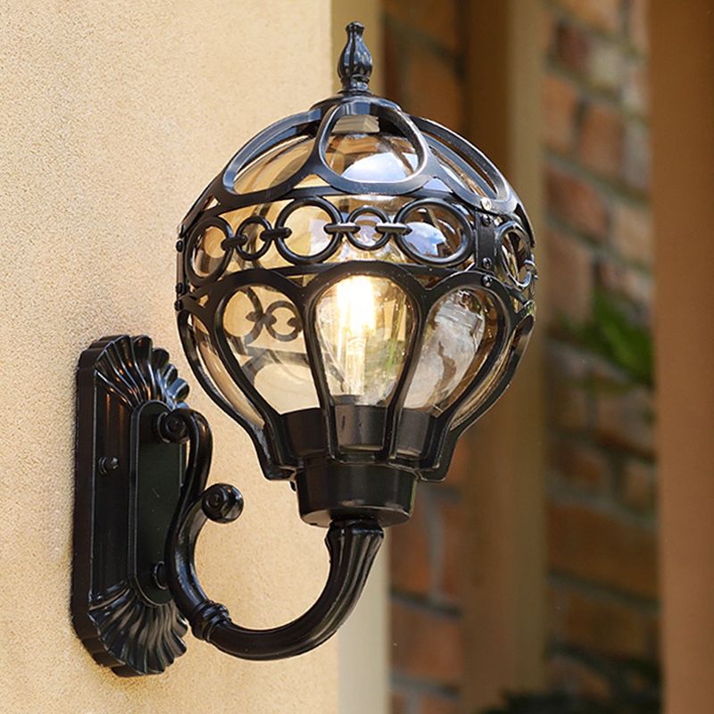Sphere Outdoor Wall Mount Light Retro Clear Glass 1 Bulb Wall Sconce with Cage Guard