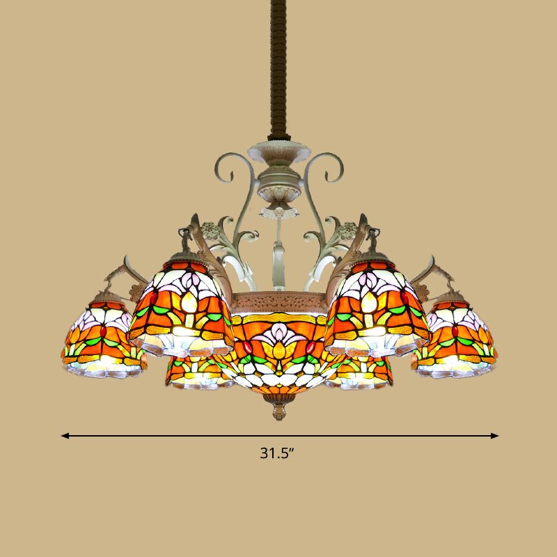 Dome Chandelier 9/11 Lights Stained Glass Mediterranean Hanging Pendant Light in Distressed White