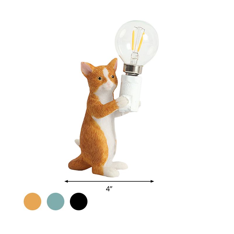 Tabby Cat Holder Table Lamp Kids Iron 1 Bulb Black/Yellow/Blue Nightstand Light with Bare Bulb Design