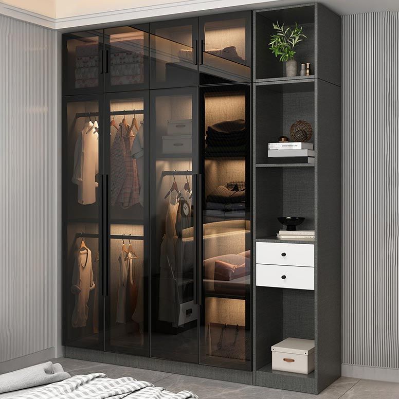 Contemporary Wardrobe Armoire with Shelves Wood and Glass Wardrobe Closet