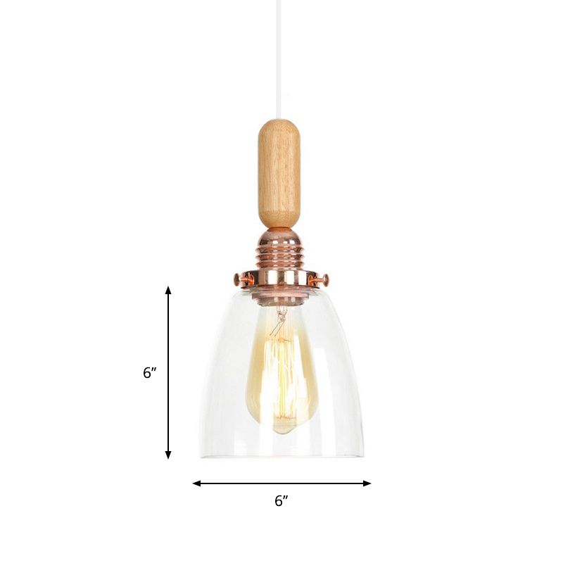1-Light Saucer/Bell Shade Hanging Lamp Rustic Rose Gold Clear/Clear Ribbed Glass Ceiling Pendant with Wood Handle