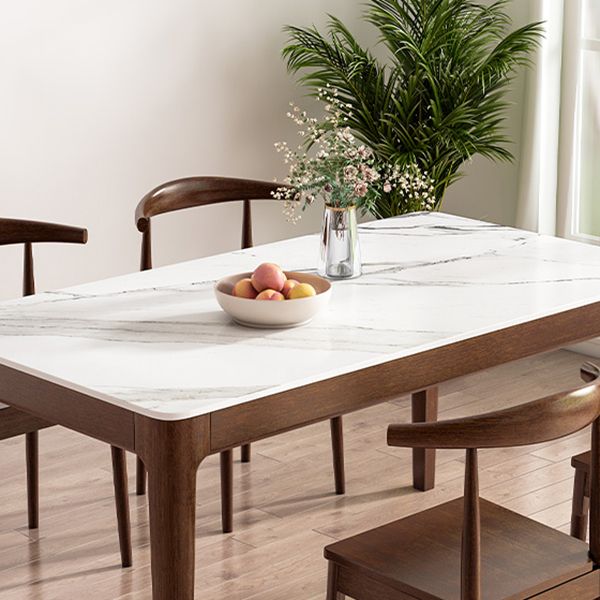Modern Rectangular Stone Top White Dining Table with 4 Brown Rubberwood Legs