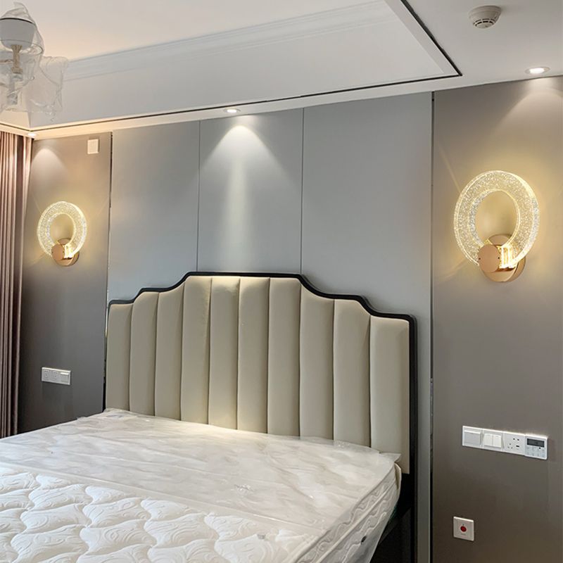 Gold Contemporary 1-Light LED Wall Sconce Circle Crystal Wall Mounted Light for Bedroom