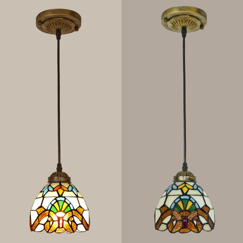 Bowl Pendant Light Tiffany-Style 1 Light Stained Glass Hanging Lamp for Dining Room