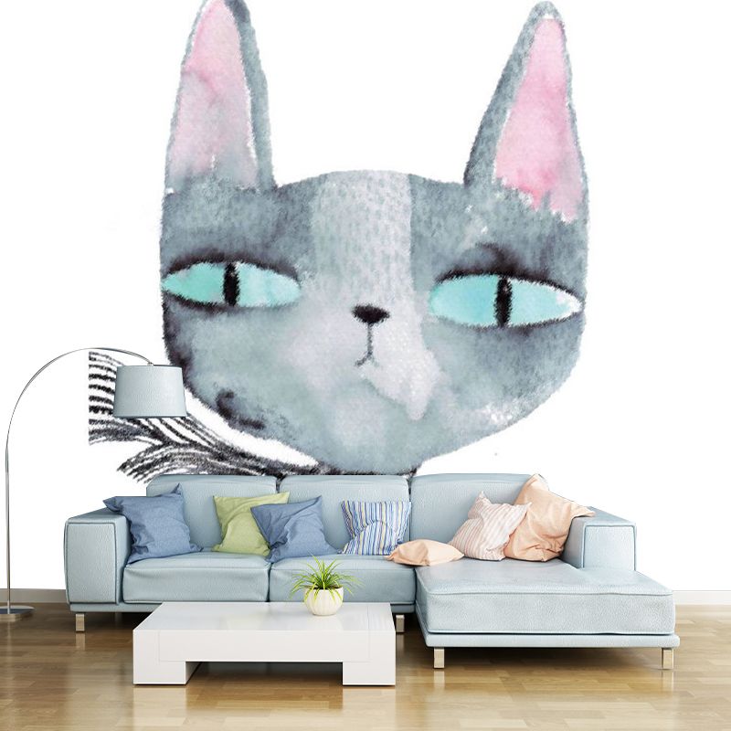 Childrens Art Cartoon Cat Murals Grey Stain-Resistant Wall Covering for Girls Bedroom
