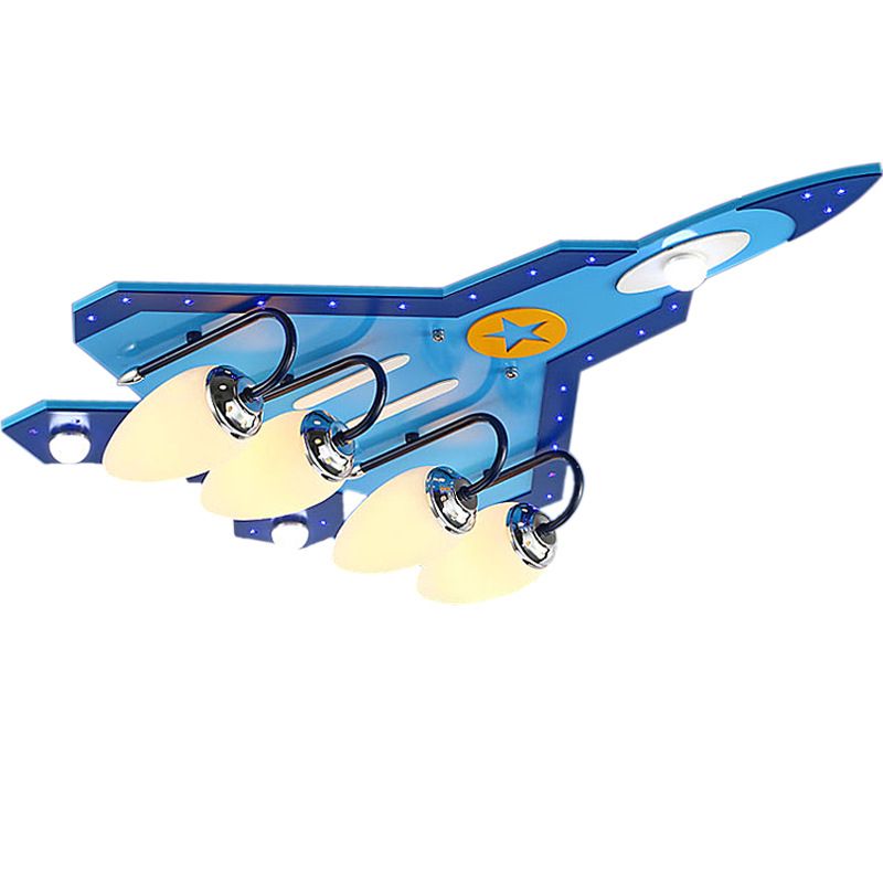 Blue Plane Close to Ceiling Lamp Cartoon 3/5-Bulb Wooden Flushmount Lighting in Warm/White Light