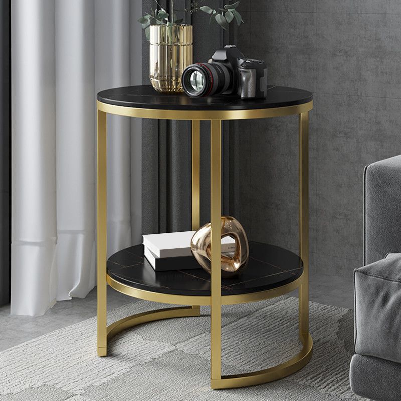 Metal Frame Side End Table Round Stone Top Side Table with Shelf