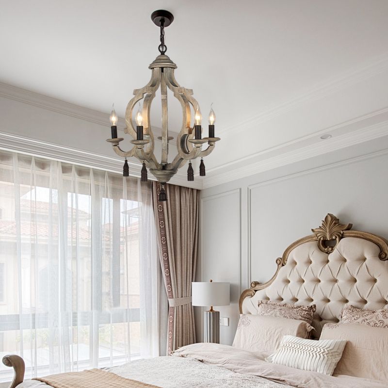 5 Lights Wood Ceiling Light Traditional Dark Wood/Wood/White Lantern Bedroom Chandelier Light