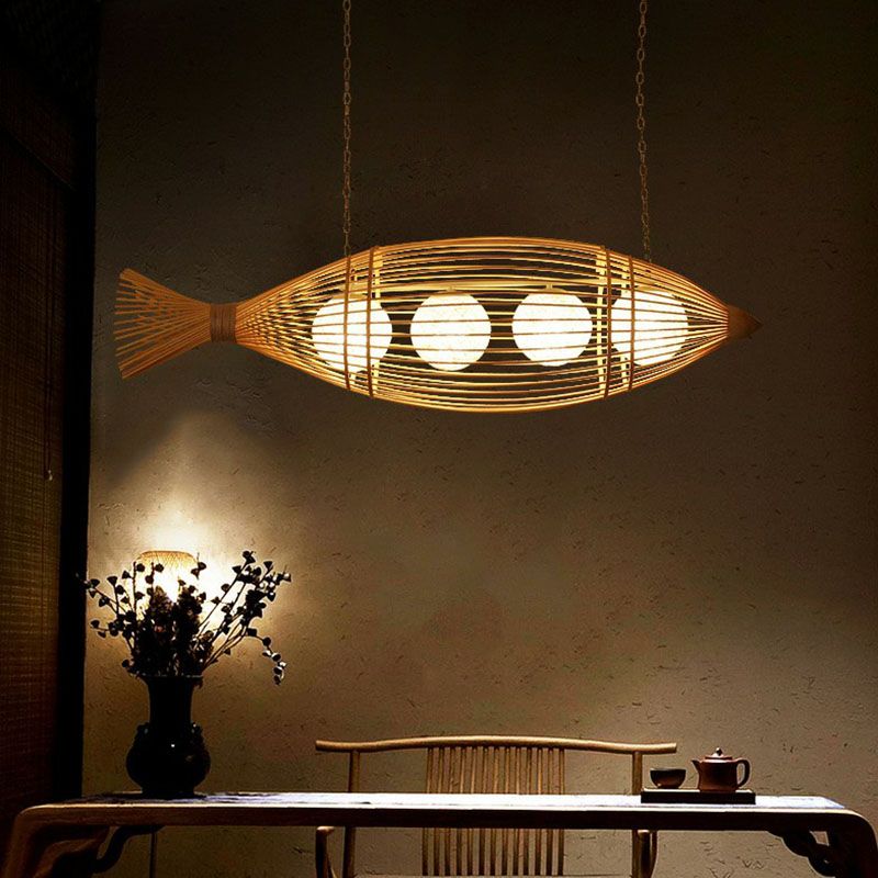 Bamboo Fish Shaped Ceiling Lighting South-east Asia 3 Bulbs Chandelier Light Fixture