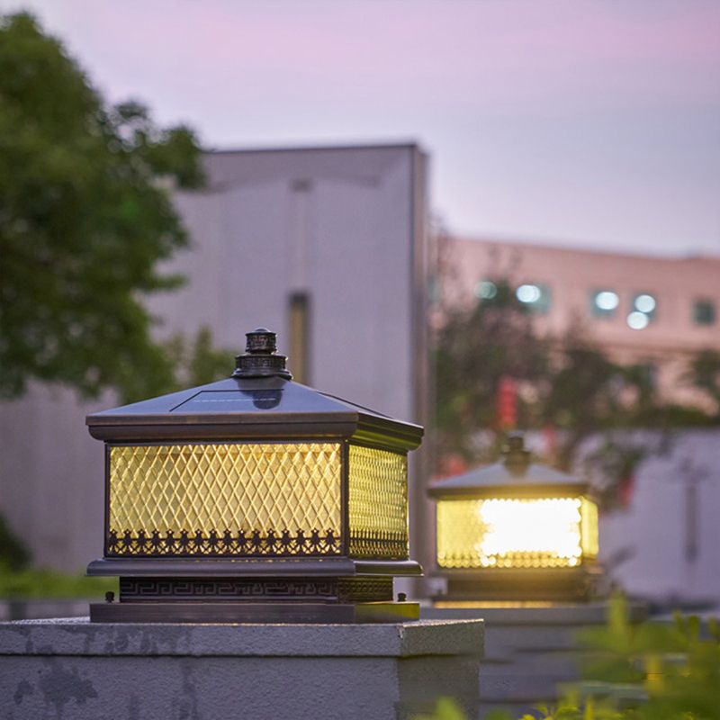 Metal Rectangular Shape Outdoor Lights Modern Style 1 Light Solar Pillar Lamp in Bronze