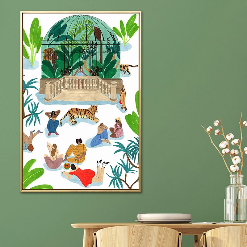 Green Figures and Tiger Painting Textured Nordic Style Dining Room Wall Art Decor