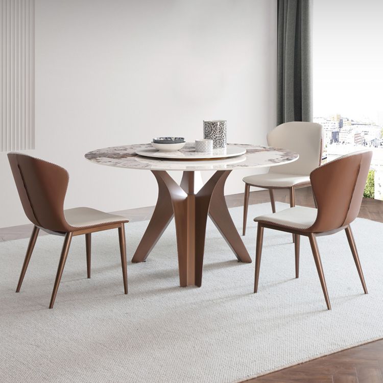 Nordic Sintered Stone Table Set of 5/7 with Rotatable Round Table Dining Set with Leather Chairs