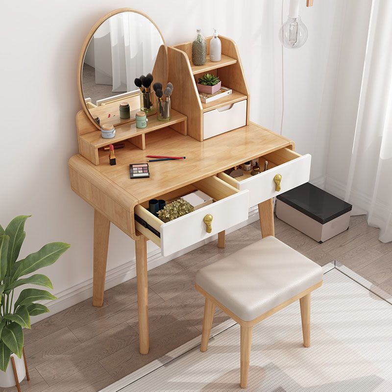 Solid Wood Makeup Counter 3 Drawer Vanity Dressing Table With Stool