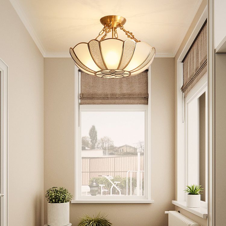 Textured Frosted Glass Scalloped Ceiling Lamp Vintage 4-Bulb Kitchen Semi Flush Mount Light in Brass