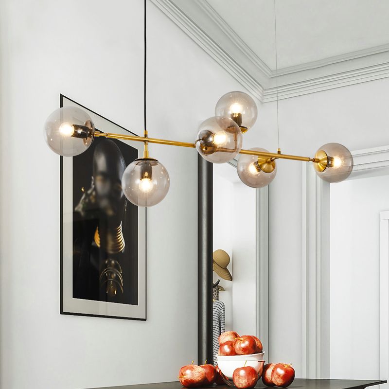 Salle à manger Island Light Nordic Style Gold Island Éclairage avec une teinte en verre sphérique
