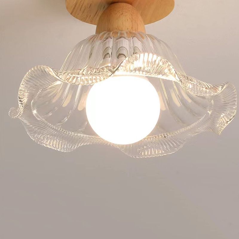 Modern Ceiling Light 1-Light Wooden Ceiling Mount Light with Glass Shade for Bedroom