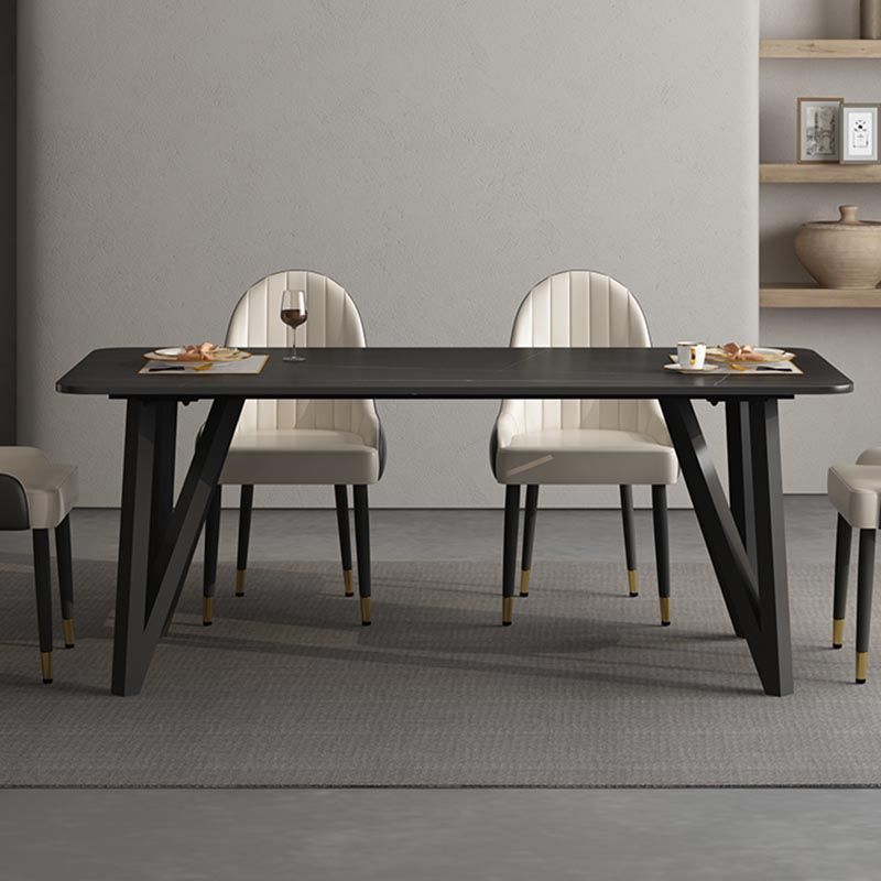 Industrial Rectangle Tripod Base Dining Table Black Frame Stone Top Dining Table