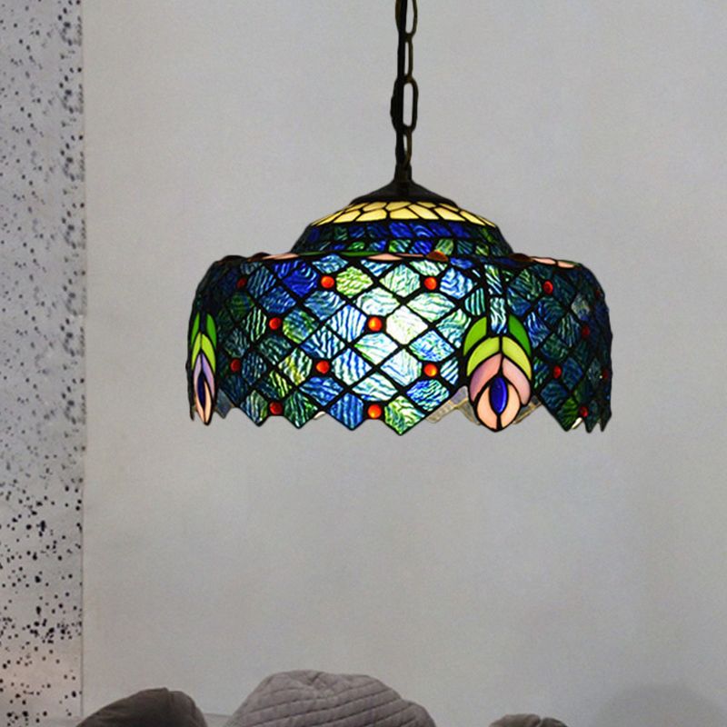 Blue and Green Drum Hanging Lamp Kit Tiffany 1-Light Hand Cut Glass Ceiling Light with Peacock Tail Pattern