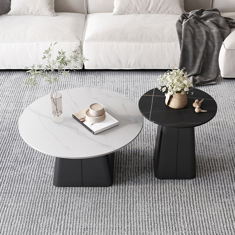 Modern Steel Pedestal Coffee Table Round Slate Top Table Set