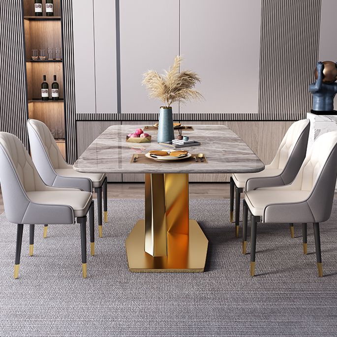 Mesa rectangular de lujo tradicional, mesa de piedra sinterizada gris con base de pedestal dorado