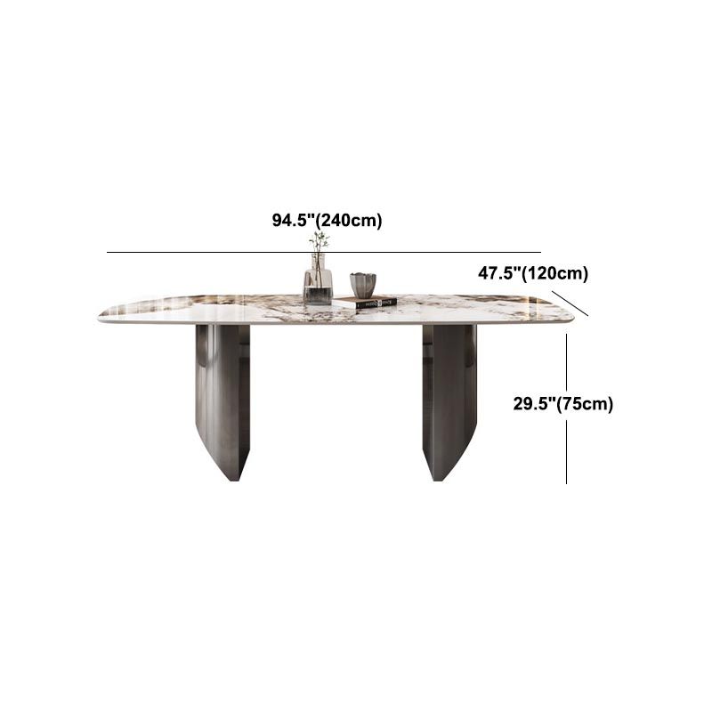 Sintered Stone Top Dining Table Modern Rectangle Stainless Steel Double Pedestal Table