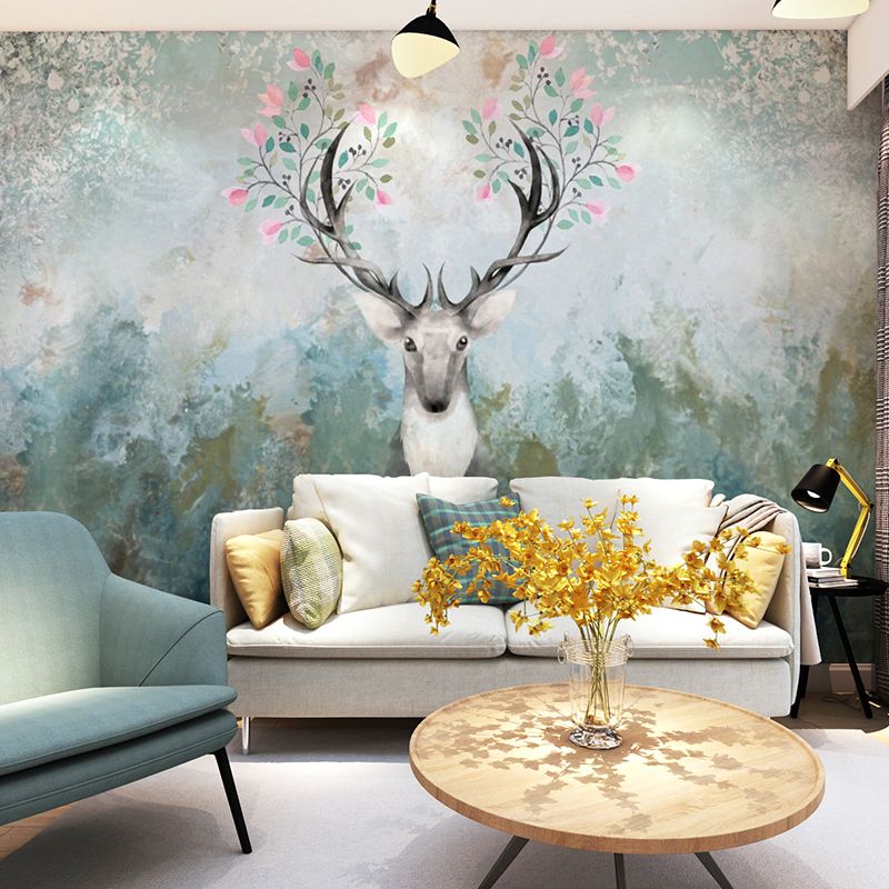 Aesthetic Deer and Forest Mural in Dark Green Living Room Wall Art, Personalized Size Available