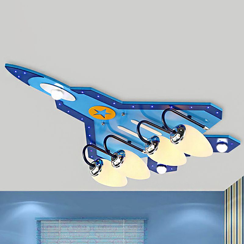 Kid Bedroom Fighter Plane Flush Mount Ceiling Light Metal 4 Bulbs Cartoon Blue Ceiling Light