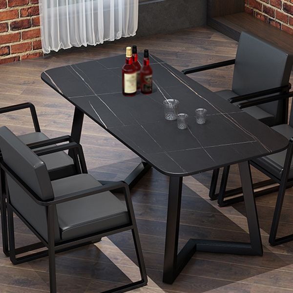 Industrial Style Dining Table Rectangle Sintered Stone Black Table with Metal Base