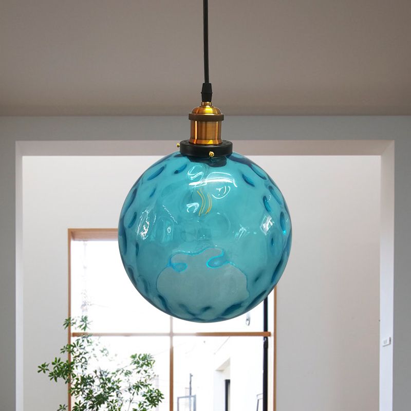 Globe colgante de luz industrial 1 luz de 8 "/10"/12 "lámpara colgante de vidrio con hoyuelos de ancho en azul