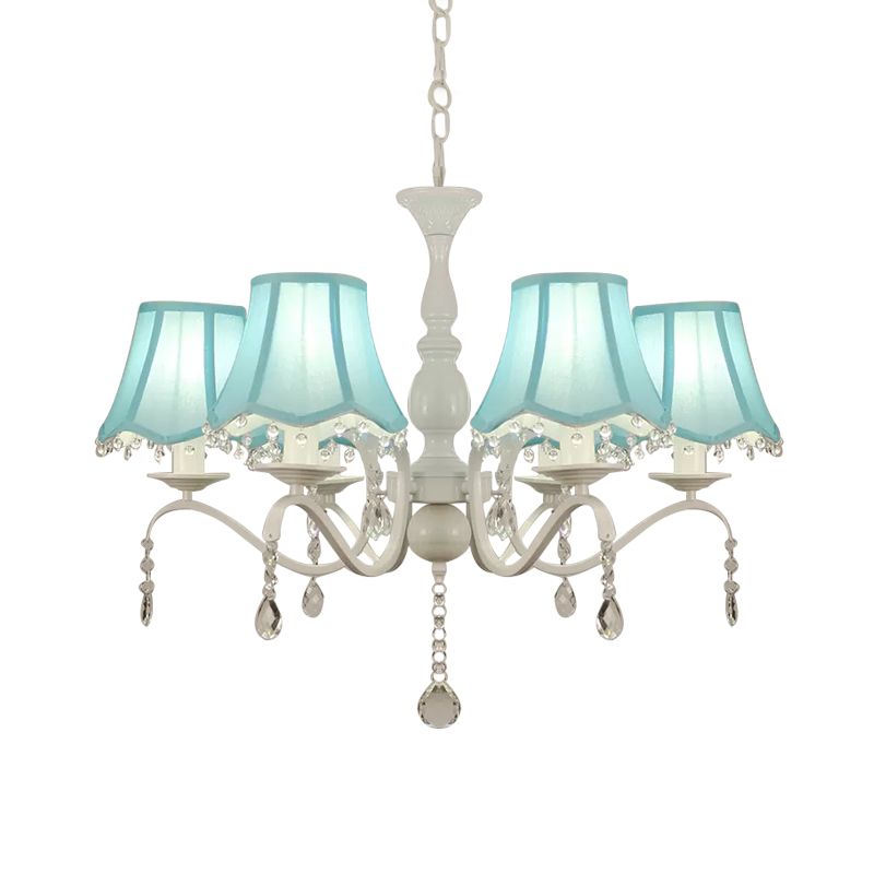 Geschulpte stof hanger kroonluchter hedendaagse 6-licht roze/blauwe suspensielamp met kristaldruppel