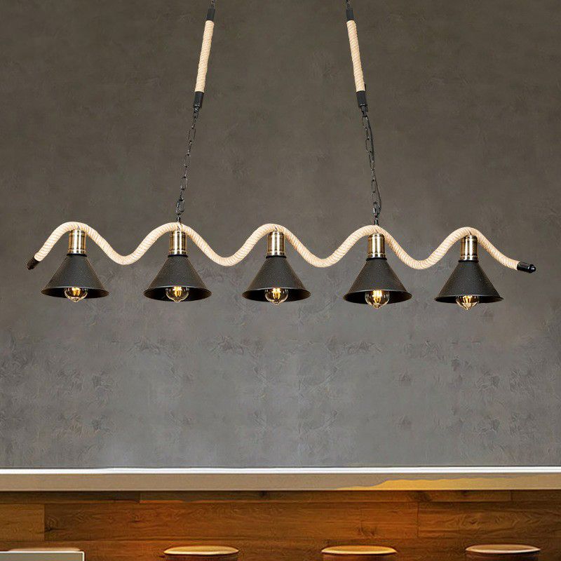 Black 5 Lights Island Pendant Warehouse Culla corda lampada a soffitto ondulata con tonalità in metallo conico