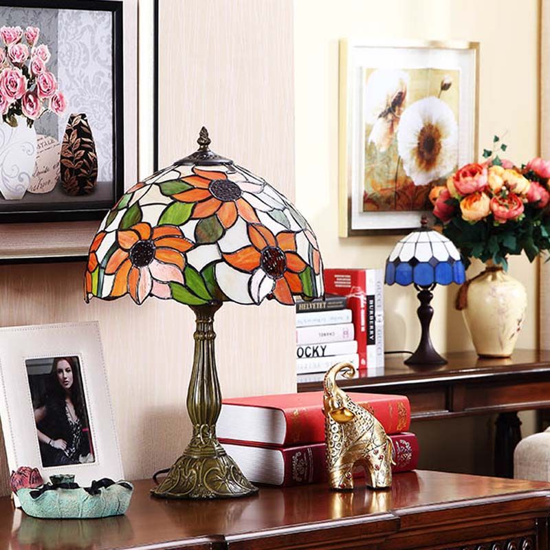 Bronze Finish 1 Bulb Night Lamp Tiffany Sunflowers Hand-Cut Stained Glass Table Light