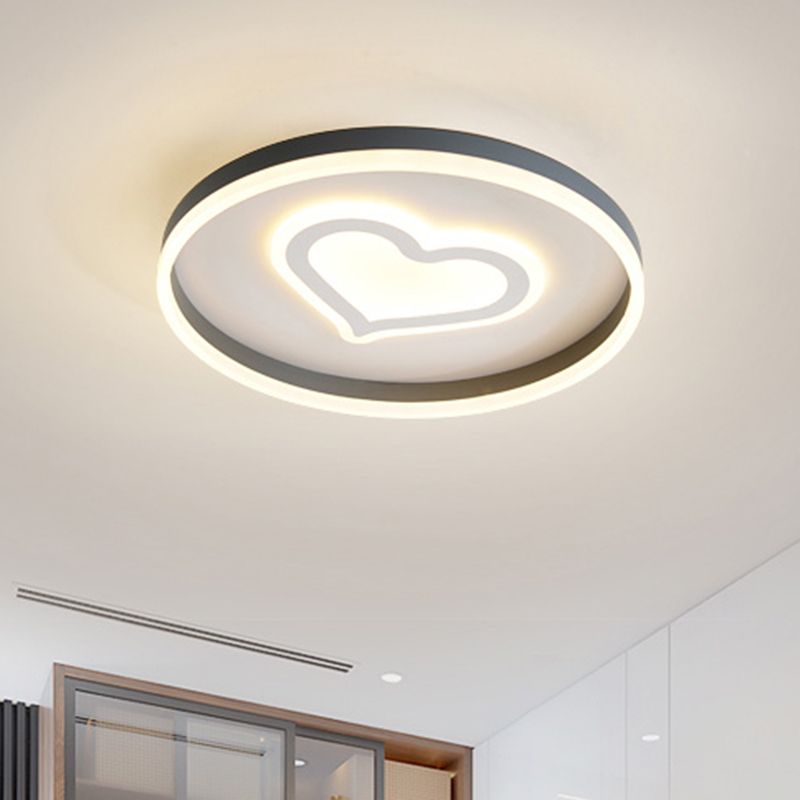 Modern Circular Flush Light Acrylic LED Bedroom Ceiling Lamp in Grey with Butterfly/Loving Heart Pattern