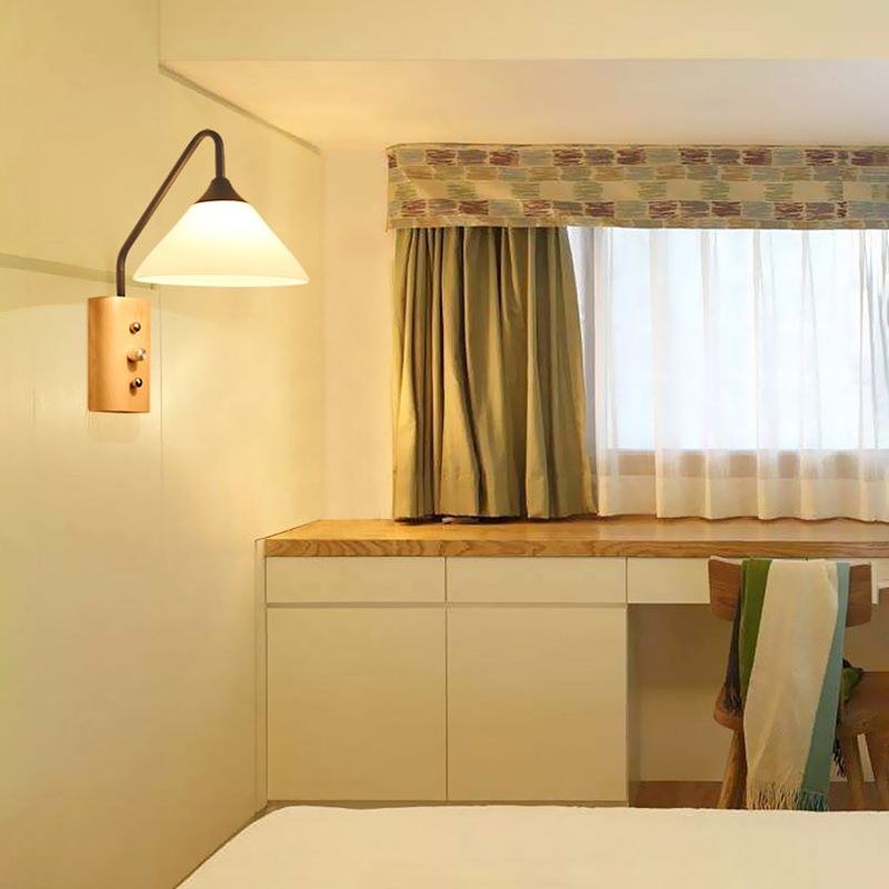 11.8" H Glass Cone Shade Simplicity Wooden Wall Lamp Metal Gooseneck Arm 1-Light Sconce Lights with Independent Switch