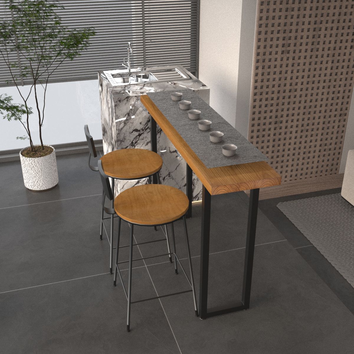 Industrial Rectangle Bar Height Table Solid Wood Bar Table with Double Pedestal Base