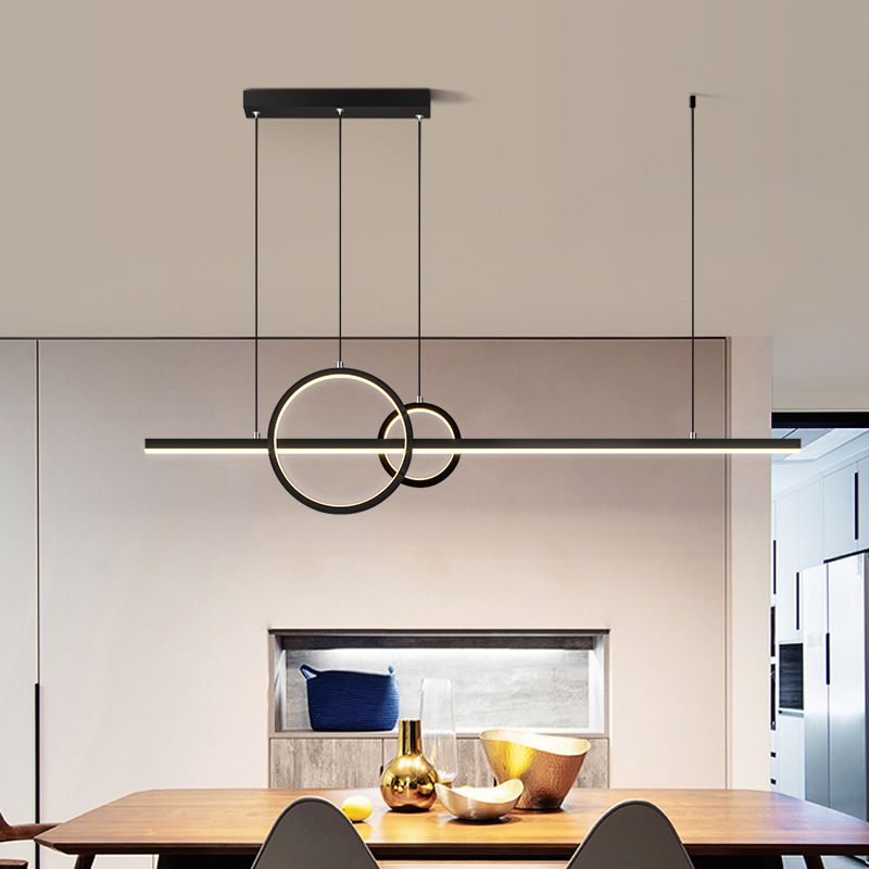 LED Restaurant Island Pendant Modern Black/Gold Island Lamp with Circle and Linear Metallic Shade in Warm/White Light
