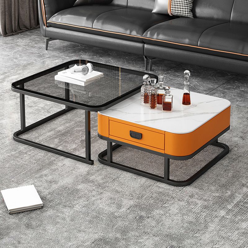 Frame Square Coffee Table Set Glam Nesting Coffee Table Set with Drawer