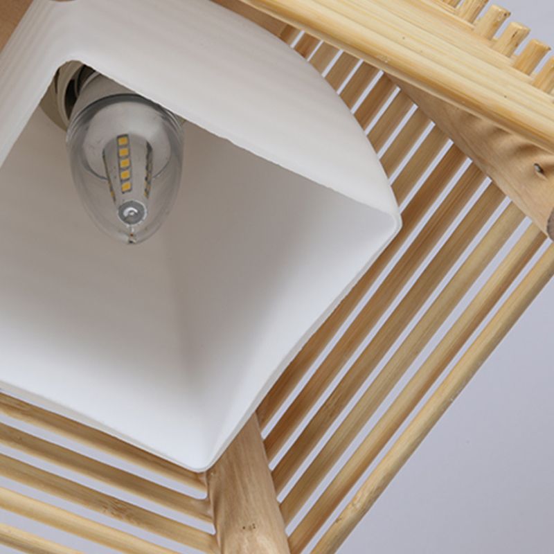 Luz de la luz colgante del trapezoide de bambú Luz de techo de madera natural de 1 bomba con sombra de vidrio blanco