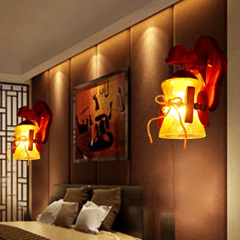 Brown 1 Bulb Wall Mount Light Rural Yellow Water Glass Flared Wall Sconce Lighting with Wood Backplate
